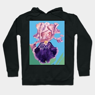 Iris Watercolor Painting - Glorious Purple on Blue Hoodie